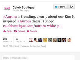 Bron: http://www.businessinsider.com/celebboutique-makes-incredibly-insensitive-tweet-about-aurora-shooting-2012-7