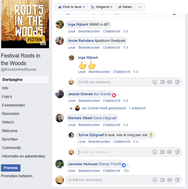 Facebook verlengstuk fysieke community festival Roots in the Woods