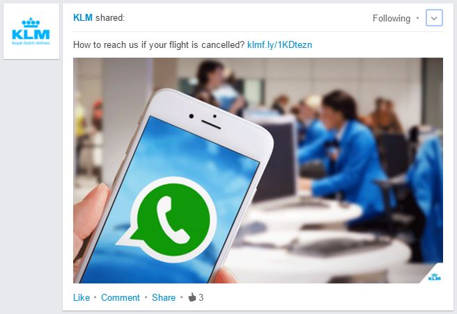 Klantcontact via WhatsApp door KLM