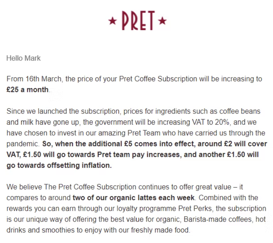 Pret Coffee communiceert duidelijk over de redenen van prijsverhoging