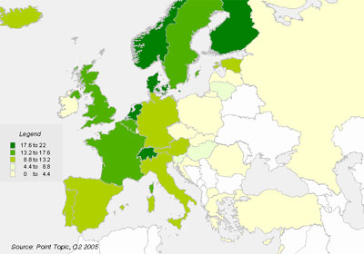 Europe penetration of broadband/100 people Q2 2005