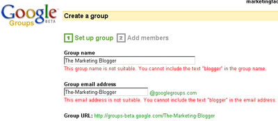 Google Groups accepteert geen namen met 'blogger'