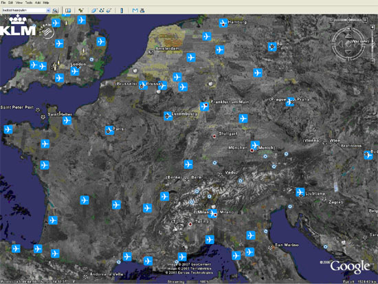 Wereldwijde bestemmingen KLM zichtbaar op Google Earth