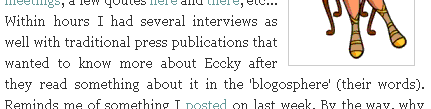 Within hours I had several interviews as well with traditional press publications that wanted to know more about Eccky after they read something about it in the 'blogosphere' (their words).